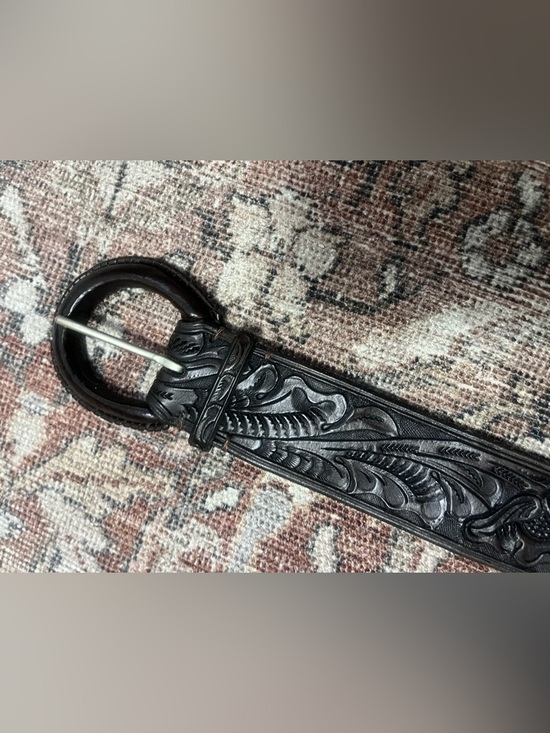 Tooled chocolate brown Leather Belt with Floral Carving